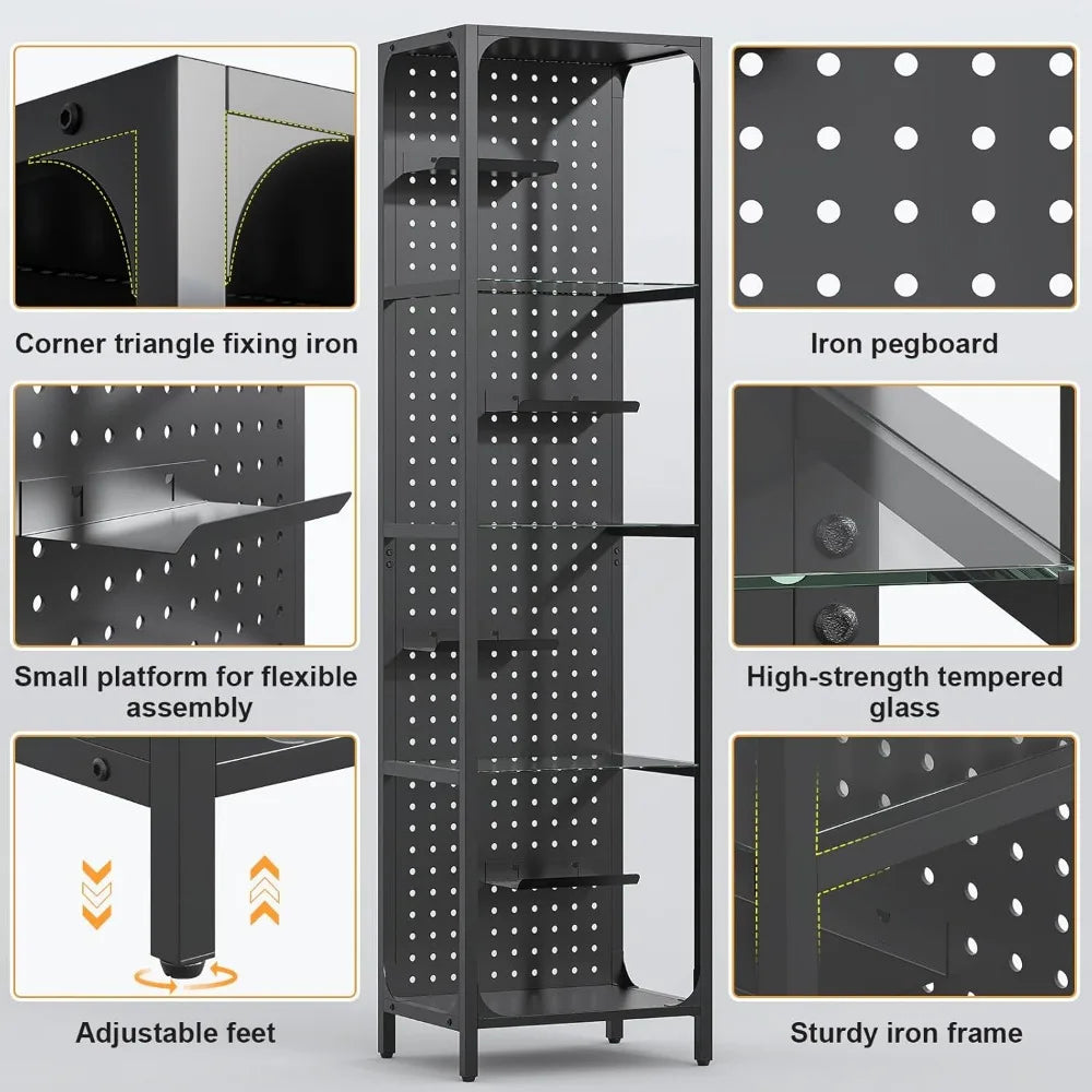 Glass Display Shelf for Collectibles, LED Black Curio Cabinet, Lighted Tall Narrow Pegboard Steel Frame for Gaming Room, Floor L