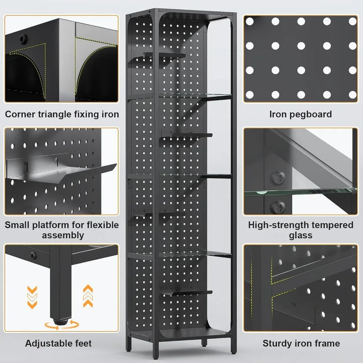 Glass Display Shelf for Collectibles, LED Black Curio Cabinet, Lighted Tall Narrow Pegboard Steel Frame for Gaming Room, Floor L