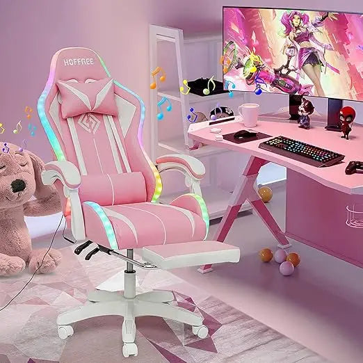 Pink Gaming Chair with Speakers and Led Lights Massage Video Game Chair with Footrest Reclining Computer Gaming Chair for Girls