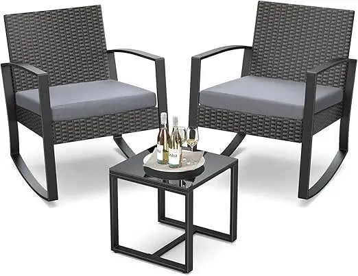 3 Pieces Patio Furniture Set Rocking Bistro Set Outdoor Rattan Conversation with Coffee Table for Garden Balcony Backyard Poolsi