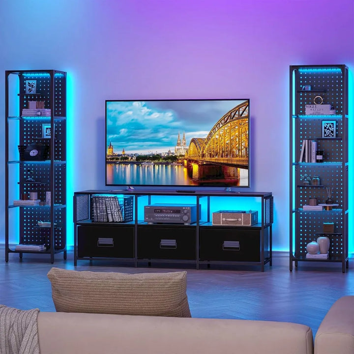 Glass Display Shelf for Collectibles, LED Black Curio Cabinet, Lighted Tall Narrow Pegboard Steel Frame for Gaming Room, Floor L