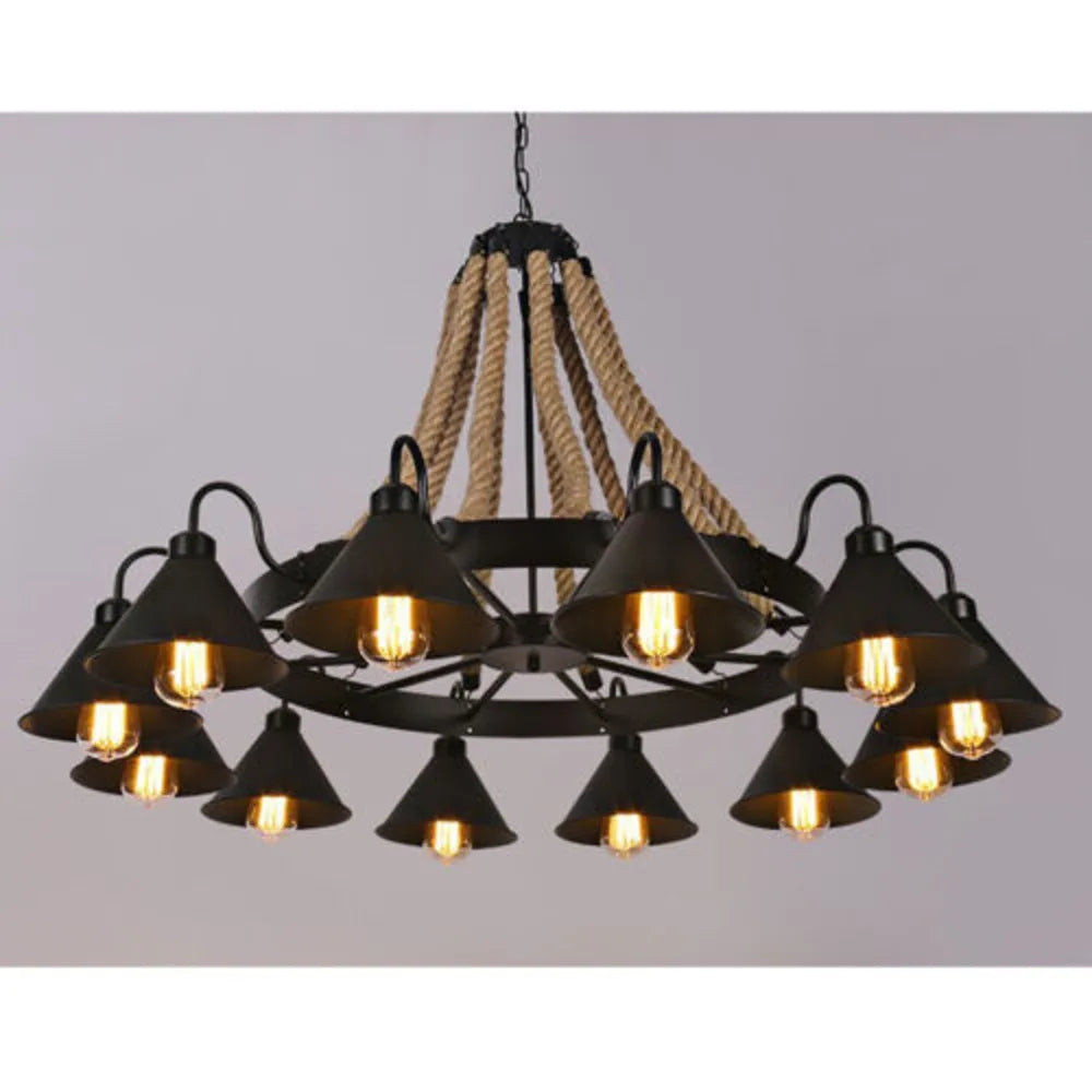 Bymaocar 12 Lights Hemp Rope Vintage Industrial Chandelier Ceiling Light Rustic Wheel Large Pendant Light Fixture Fit  Cafe Bar