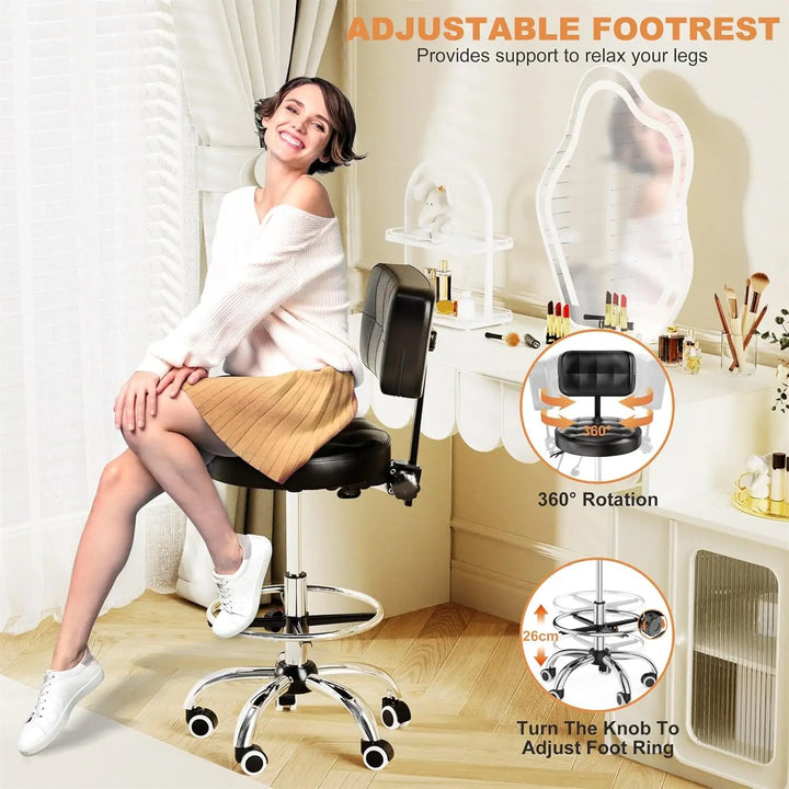 Rolling Stool, Rolling Stools with Wheels Foot Rest, Backrest Adjustable Height, Heavy Duty 400lbs Weight Capacity