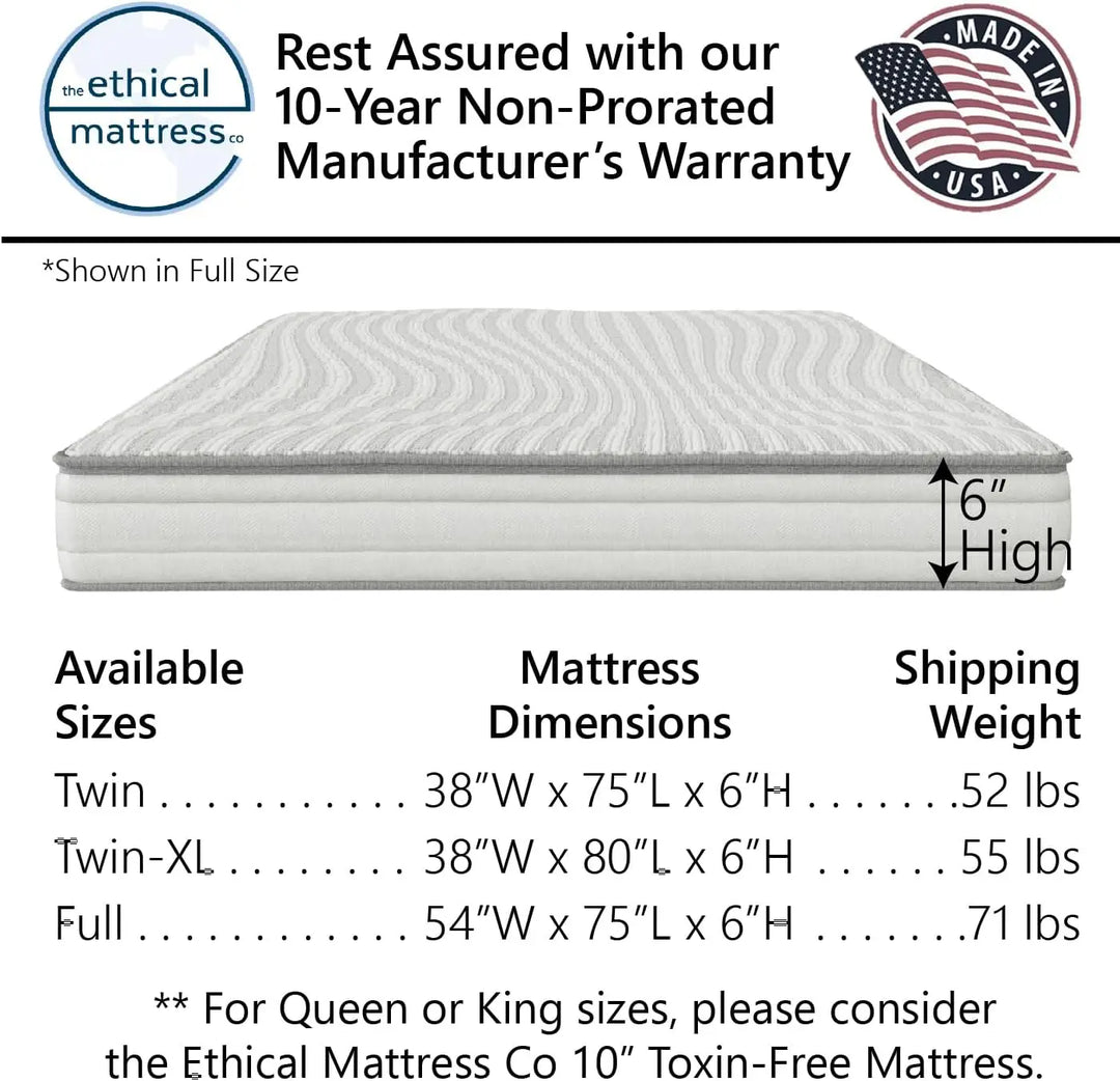 6" Kid’s Mattress Toxin-Free Made in The USA with Organic Cotton Wool Latex Pocketed Coils Bed-in-a-Box ; Perfect for bunk beds