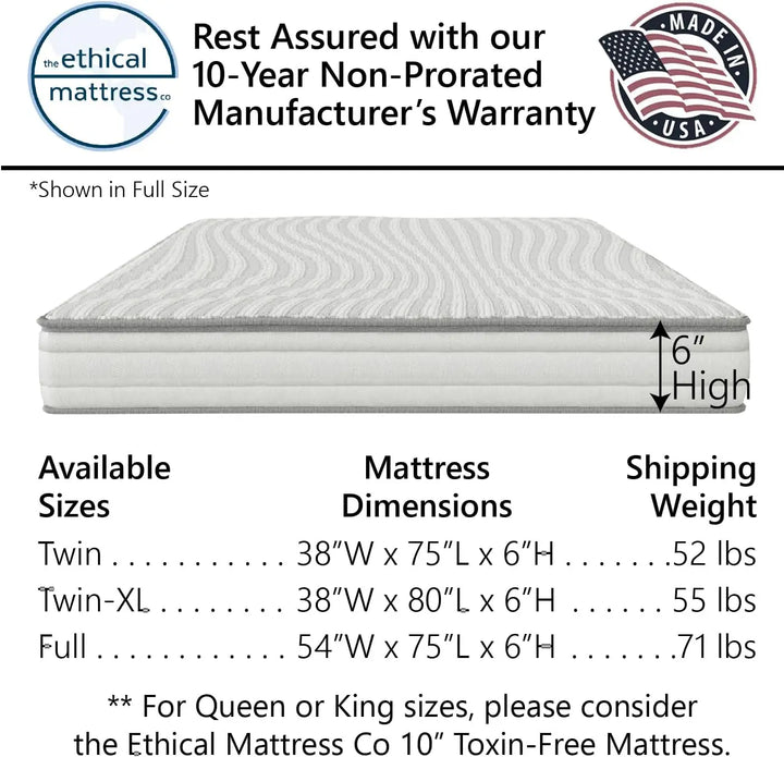 6" Kid’s Mattress Toxin-Free Made in The USA with Organic Cotton Wool Latex Pocketed Coils Bed-in-a-Box ; Perfect for bunk beds