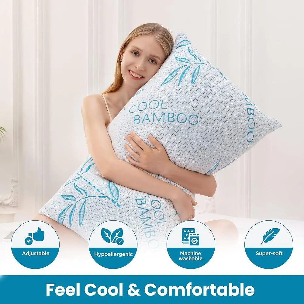 Queen Size 2 Pack Adjustable Bamboo Rayon Cooling Pillows Shredded Memory Foam Hypoallergenic Support Side Back Stomach Sleepers