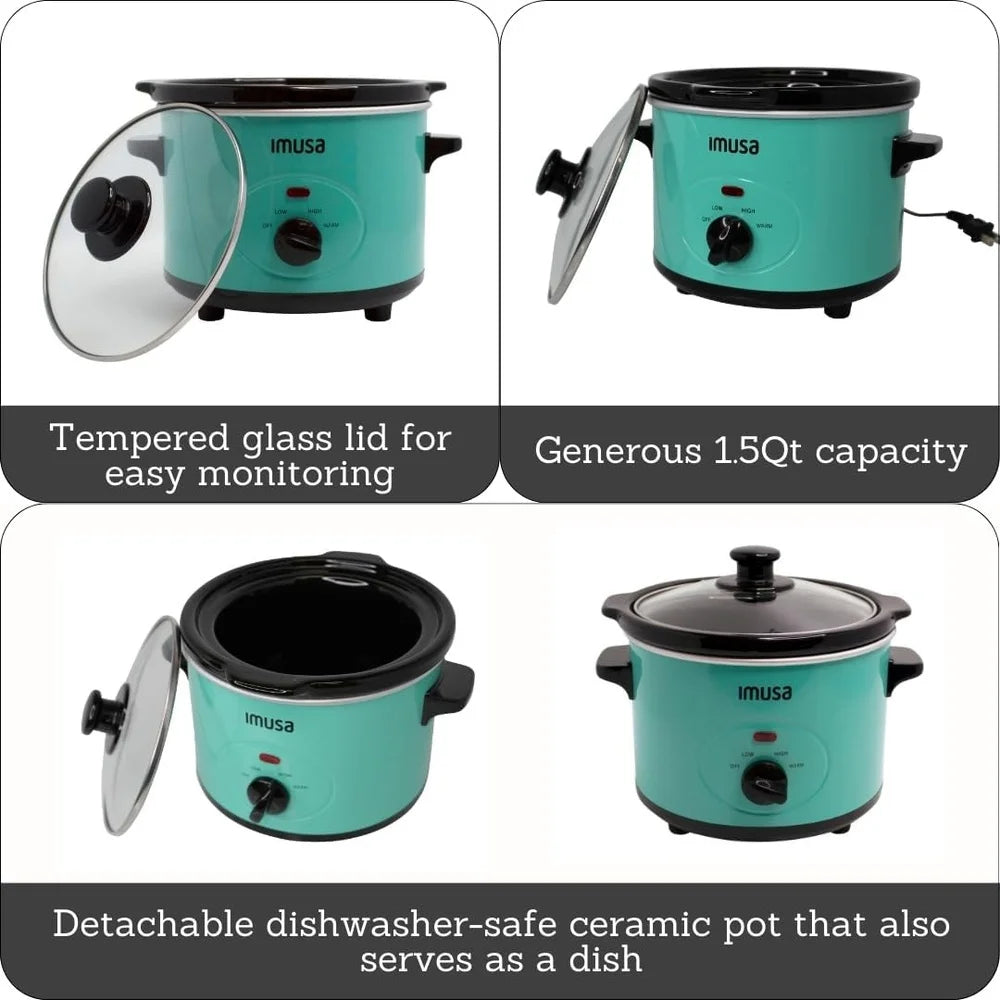 Compact 1.5QT Slow Cooker with Removable Ceramic Pot 3 Heat Settings Dishwasher Safe Ideal Everyday Cooking Parties Buffets