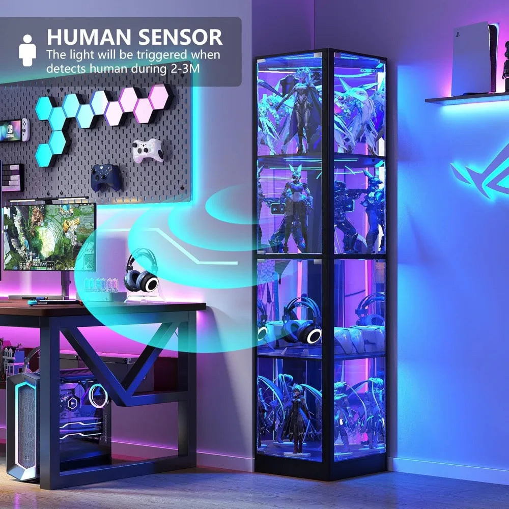 Illuminated Glass Door Display Cabinet, 68 Corner Curio Cabinet with 4-Tier Glass Shelves for Collectibles, Toys, and Books