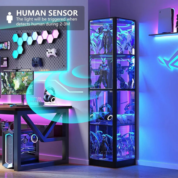 Illuminated Glass Door Display Cabinet, 68 Corner Curio Cabinet with 4-Tier Glass Shelves for Collectibles, Toys, and Books