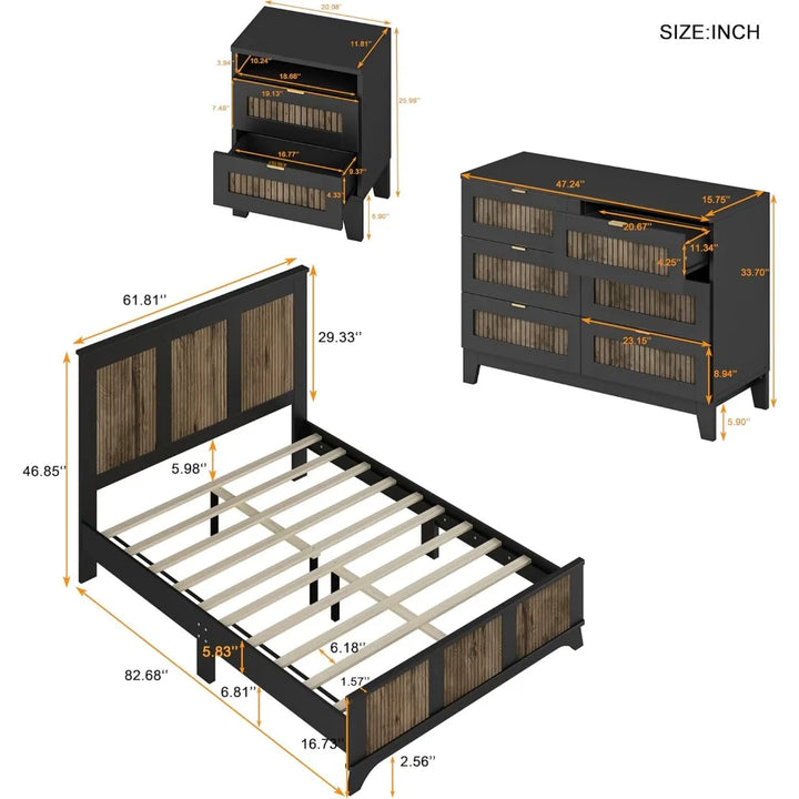 4 Piece Queen Bedroom Set, Queen Size Platform Bed with Wooden Strip Stickers Decoration, 2 Nightstands and Dresser, 4 Piece Fa