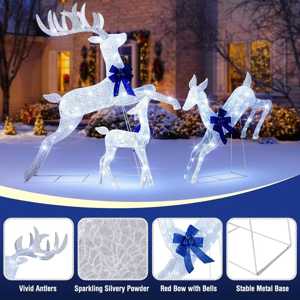 3 Pieces Lighted Christmas Reindeer, Holiday Reindeer Family Set with 255 Cold White Lights, Stakes, Indoor Outdoor Lighted Chr