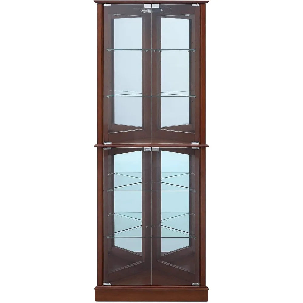 lighted corner display curio cabinet wooden shelving unit with tempered glass door, bar and liquor storage area with 6 shelves