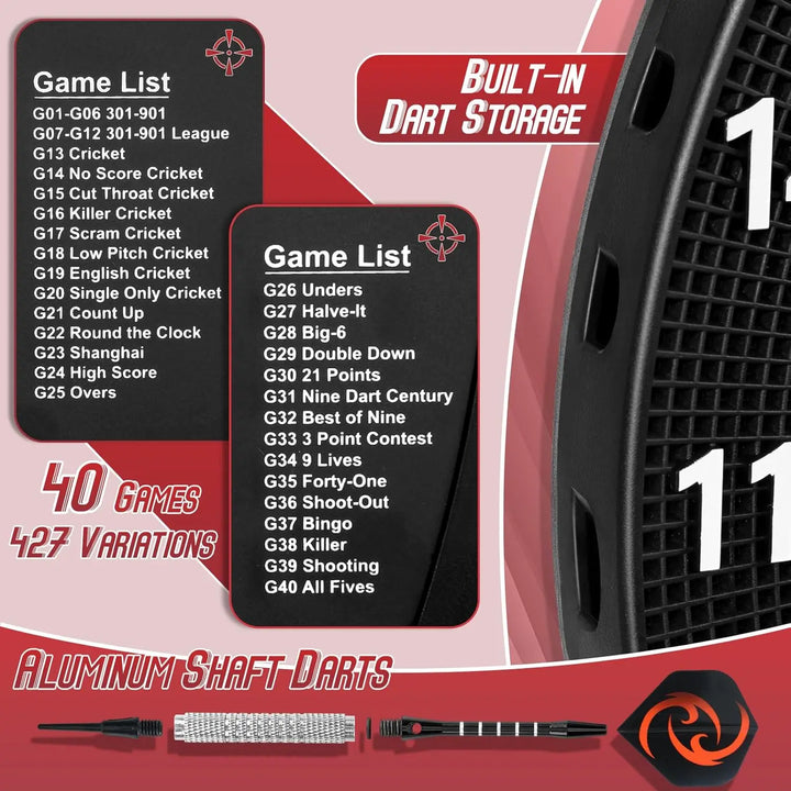 Electronic Dart Board, Soft Tip Dartboard Set 40 Games, 427 Variants Digital Electric Dart Boards with Colorful LED