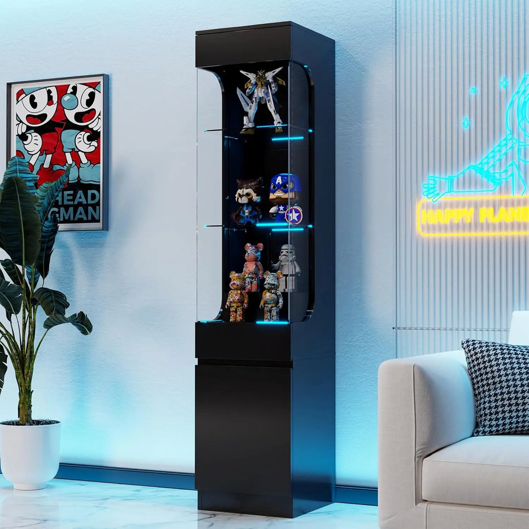 Curio Display Cabinet with Glass Door, 3-Tier Display Case with 7 Color Led Lights, 70.87'' Lighted Curio Cabinet for Collectibl