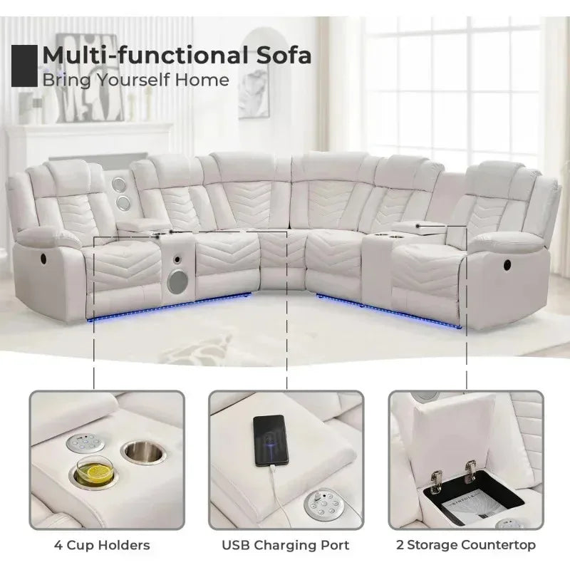 RPD4-Power Recliner Sectional Sofa Couches with Bass Speakers Living Room.Leather Reclining Corner Sectionals Sofa Couch Sets wi
