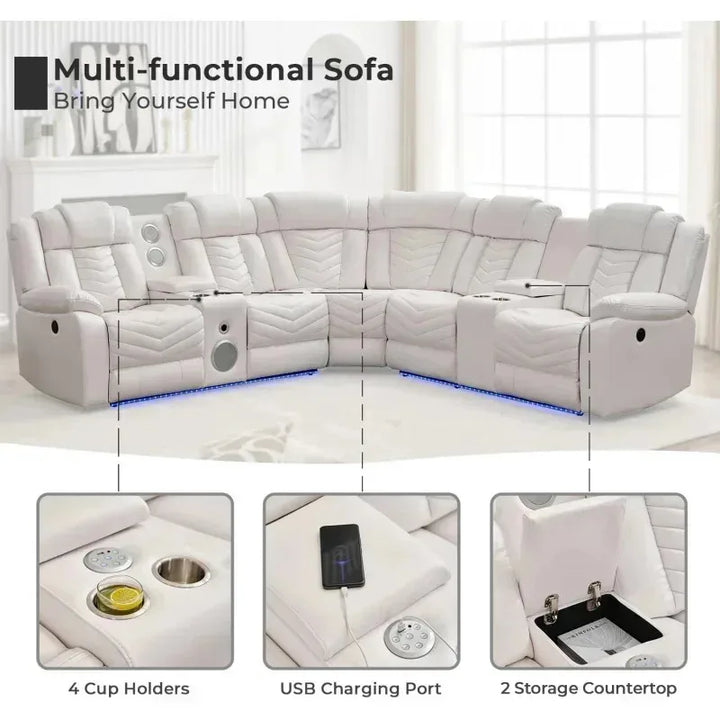 RPD4-Power Recliner Sectional Sofa Couches with Bass Speakers Living Room.Leather Reclining Corner Sectionals Sofa Couch Sets wi