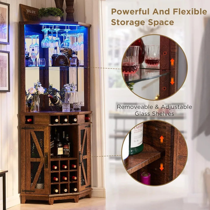 corner bar storage cabinet, 72" tall farmhouse wine cabinet w/barn door & adjustable shelf, home bar w/led light & glass rack f