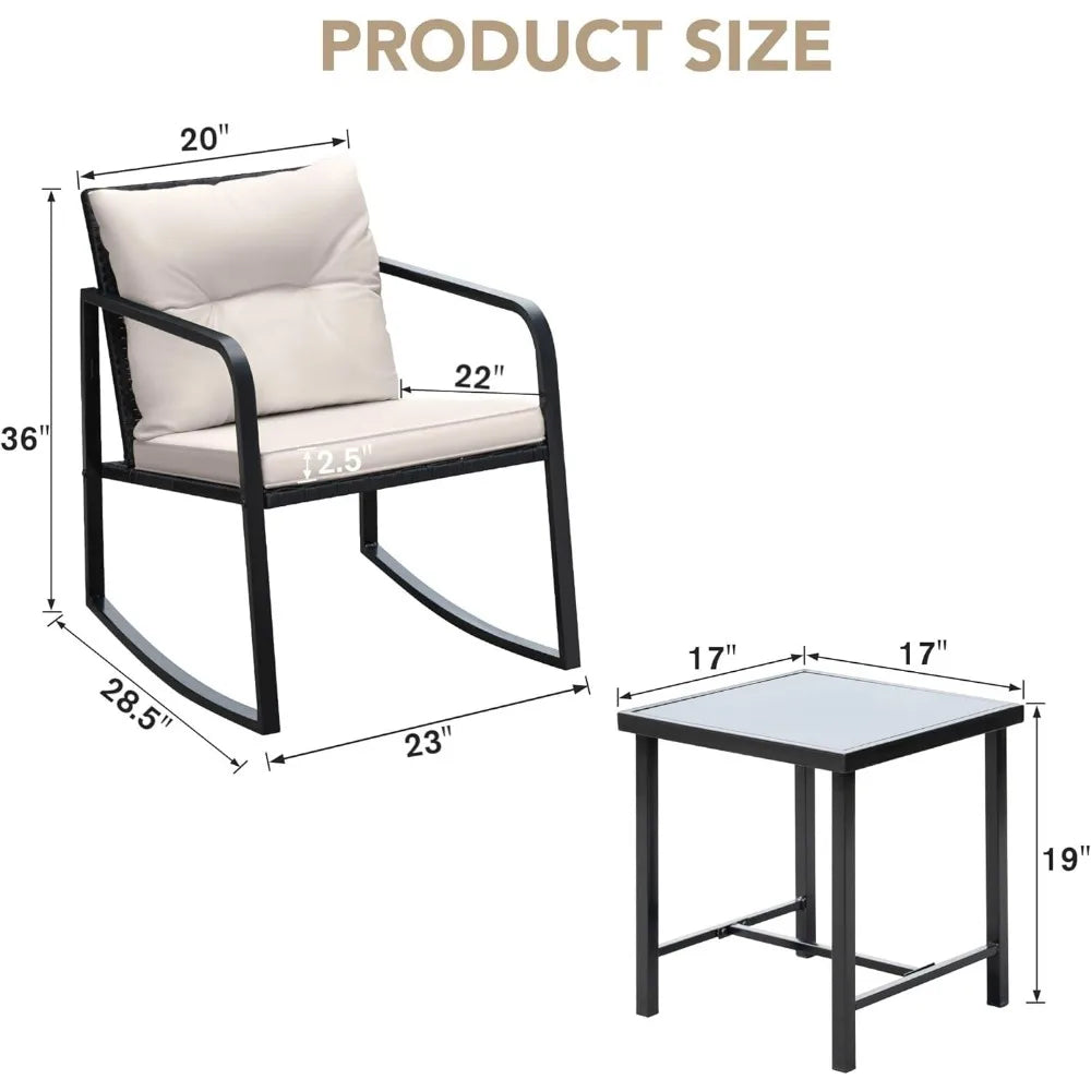 3 Piece Rocking Bistro Set Wicker Patio Outdoor Furniture Porch Chairs Conversation Sets with Glass Coffee Table (Beige)