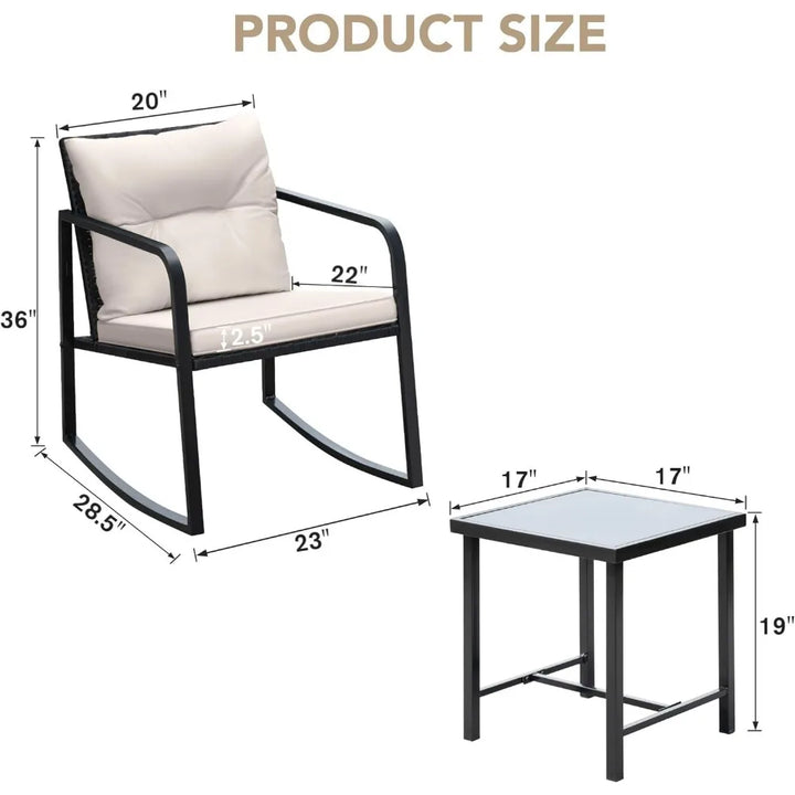 3 Piece Rocking Bistro Set Wicker Patio Outdoor Furniture Porch Chairs Conversation Sets with Glass Coffee Table (Beige)