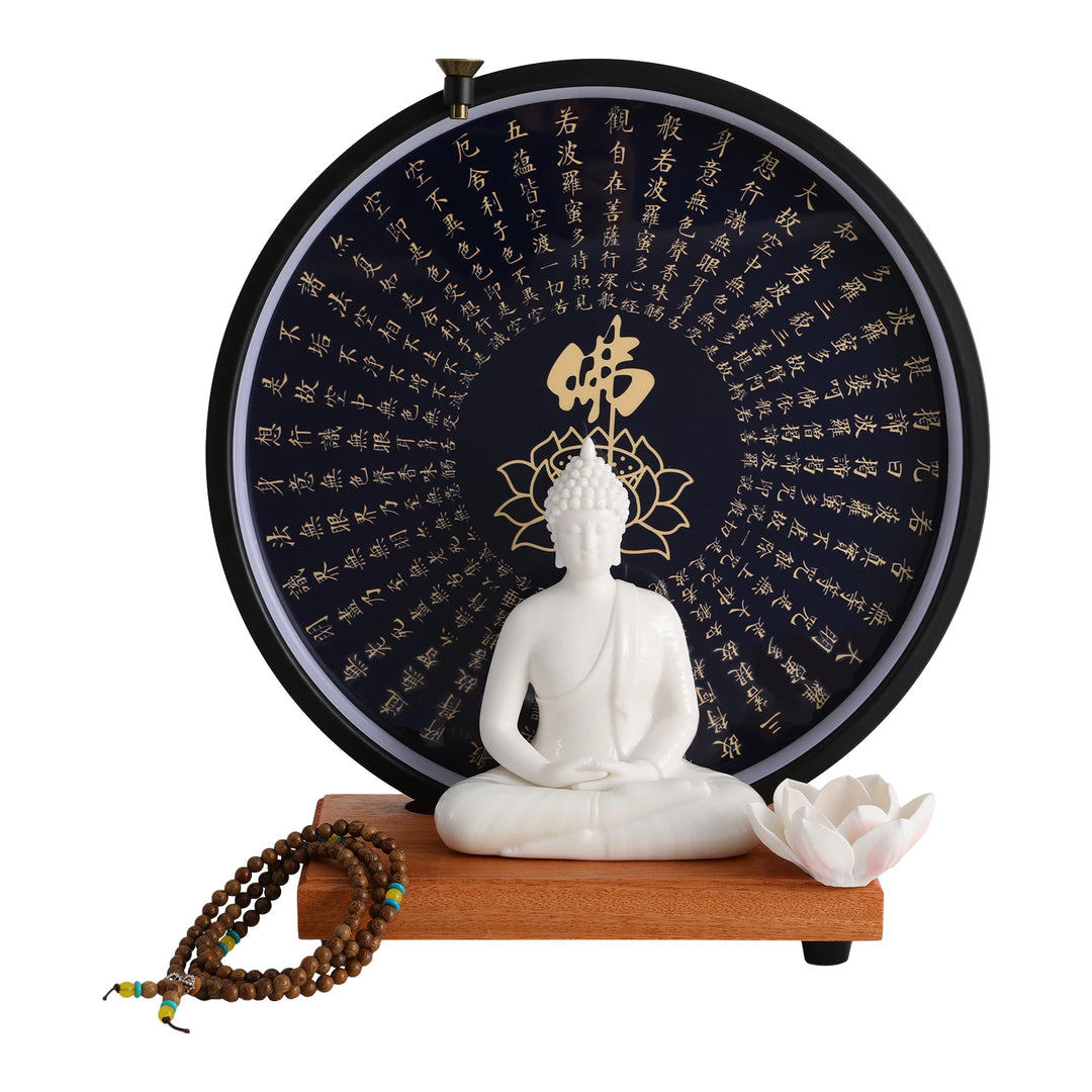 Ceramic Meditating Figurine with Circle LED Lamp – Decorative Sculpture for Home or Office, White/Red/Yellow/Blue, 11.8 x 4.7 x 13 in