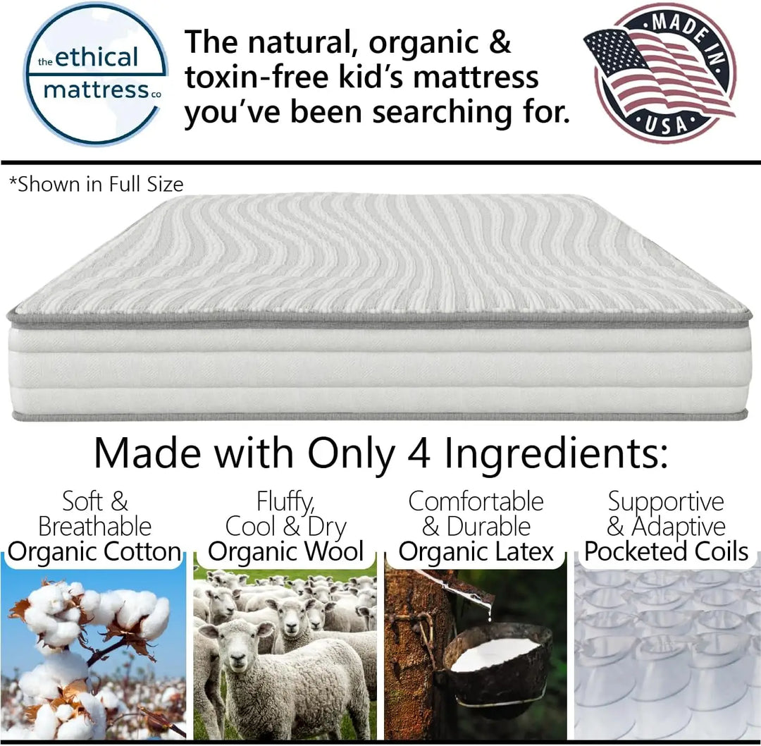 6" Kid’s Mattress Toxin-Free Made in The USA with Organic Cotton Wool Latex Pocketed Coils Bed-in-a-Box ; Perfect for bunk beds