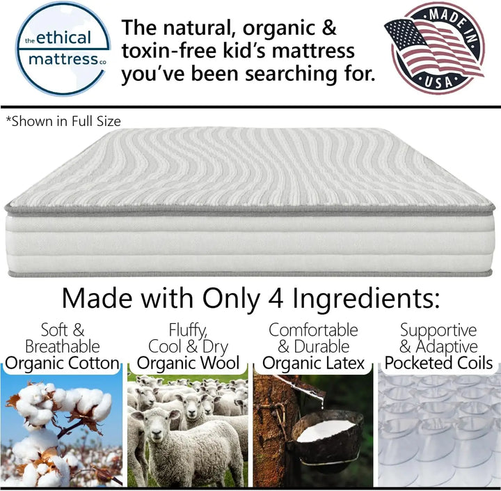 6" Kid’s Mattress Toxin-Free Made in The USA with Organic Cotton Wool Latex Pocketed Coils Bed-in-a-Box ; Perfect for bunk beds
