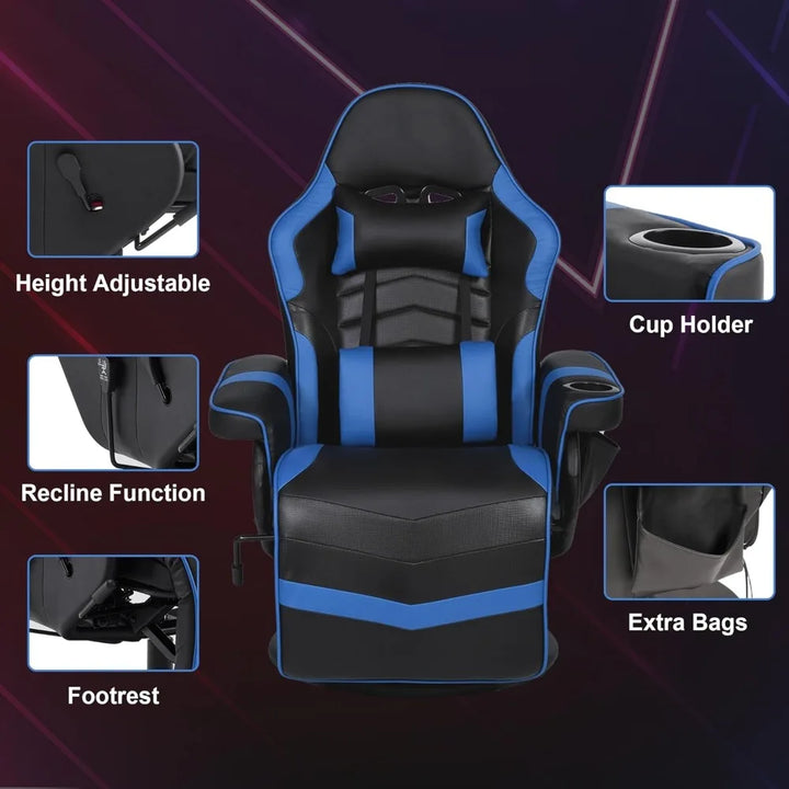 Gaming Chair with Massage for Adults, Comfy Reclining Gaming Chair with Footrest, Adjustable Backrest and Cup Holder, Black Blue