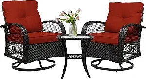 SHGJ&SOFT 3 Pieces Patio Furniture Set, Outdoor Wicker Patio Chairs with Thick Cushions and Glass Coffee Table, PE Rattan Conver