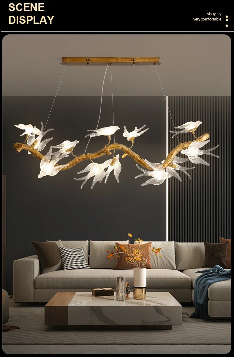 Luxury Branch Chandelier Glass Bird Crystal Led Ceiling Chandelier for Dining Room Bedroom Hotel Vintage Living Room Chandelier