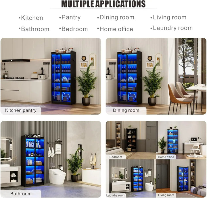 Display Cabinet with Doors and Adjustable Shelves, 65" Tall Bookcase with LED Lights/Human Sensor, Black - Smoked Black Door
