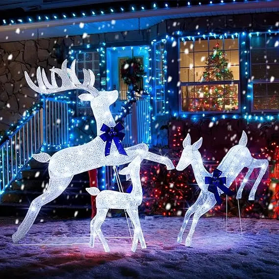 3 Pieces Lighted Christmas Reindeer, Holiday Reindeer Family Set with 255 Cold White Lights, Stakes, Indoor Outdoor Lighted Chr