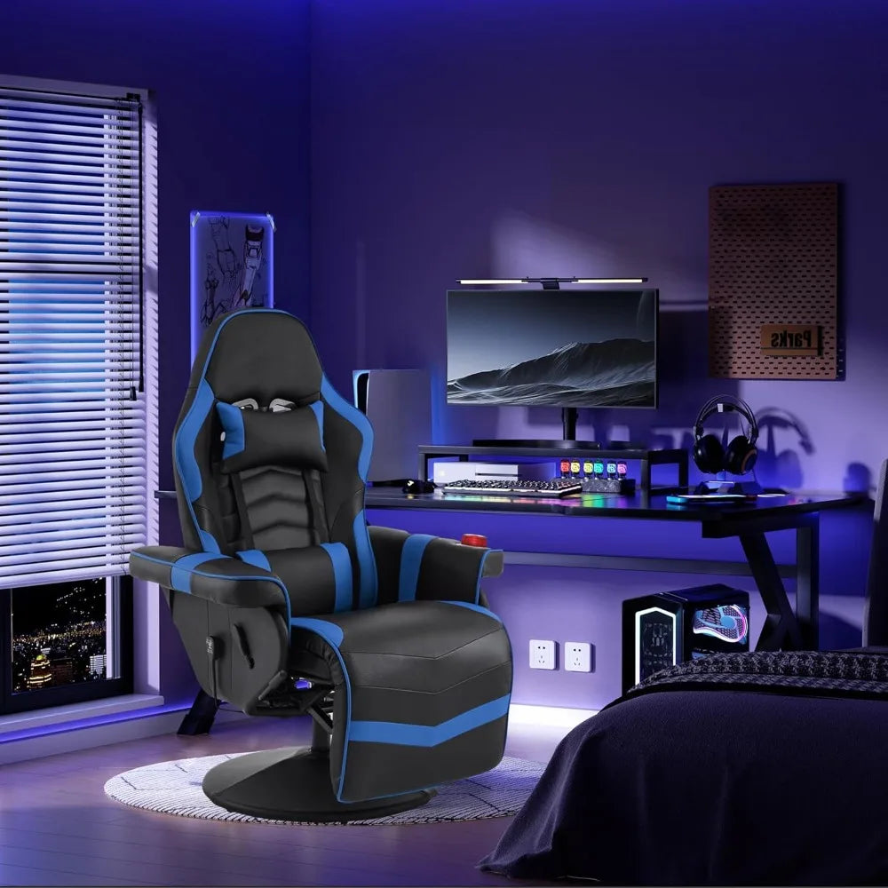 Gaming Chair with Massage for Adults, Comfy Reclining Gaming Chair with Footrest, Adjustable Backrest and Cup Holder, Black Blue