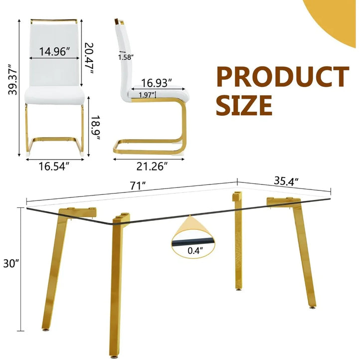Modern Dining Table Set for 6,Glass Kitchen Table and Chairs,71''Gold Dining Room Table &Generous Legroom with 6 White Leather