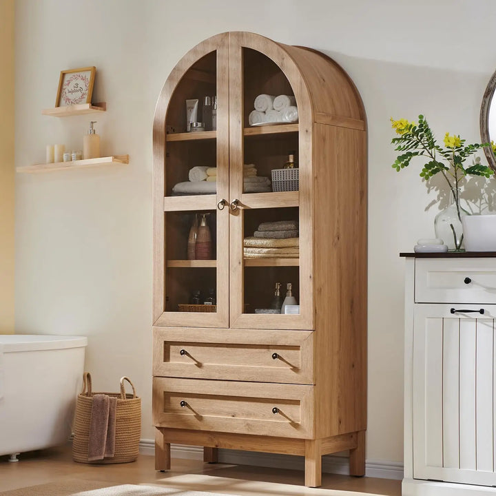 71" Tall Arched Bathroom Storage Cabinet, 4-Tier cabinet w/2 Large Drawers &Adjustable Shelves, Wooden bathroom Floor cabinets