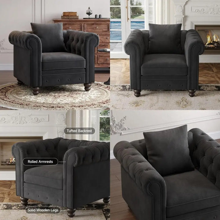 Vintage-Style Comfortable Button-Tufted Chesterfield Club Chair with Rolled Arms and Pillow for Living Room