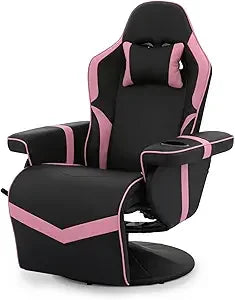 360° Swivel Gaming Recliner Chair, Ergonomic PU Leather Reclining Chair with Adjustable Backrest, Footrest, Cup Holder & Neck S