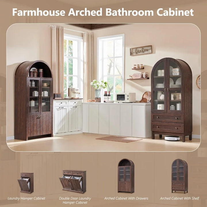71" Tall Arched Bathroom Storage Cabinet, 4-Tier cabinet w/2 Large Drawers &Adjustable Shelves, Wooden bathroom Floor cabinets