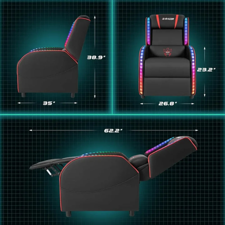 LED Gaming Massage Recliner Chair Racing Style Single Living Room Sofa Comfortable Ergonomic Home Theater Seating(Red)