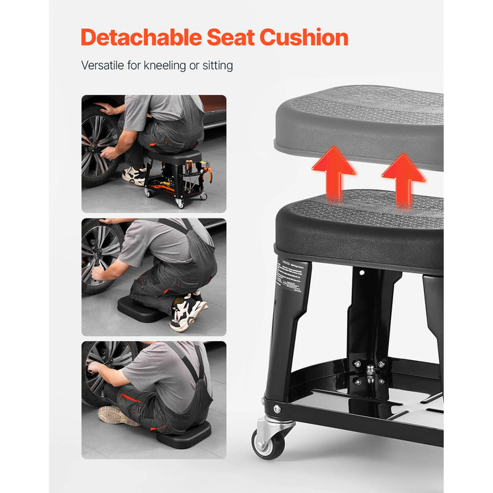 SucceBuy Mechanic Stool 300lbs Garage Seat with Wheels 360° Swivel Rolling Workshop Stool with Tool Tray for Garage, Shop Repair