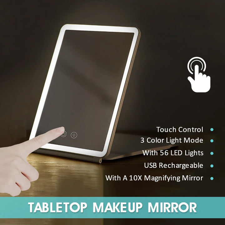 LED Makeup Mirror, Foldable Travel Cosmetic Mirror with Light, Touch Screen, Dimmable, 10X Magnifying Vanity Mirror