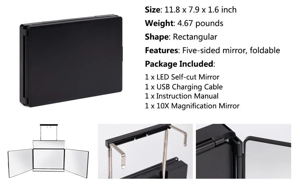 YINGHE 5 Way Mirror for Hair Cutting,Real Glass Adjustable Trifold Mirror with Light,Telescoping Hooks for Makeup and Styling