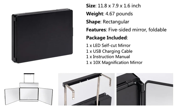 YINGHE 5 Way Mirror for Hair Cutting,Real Glass Adjustable Trifold Mirror with Light,Telescoping Hooks for Makeup and Styling