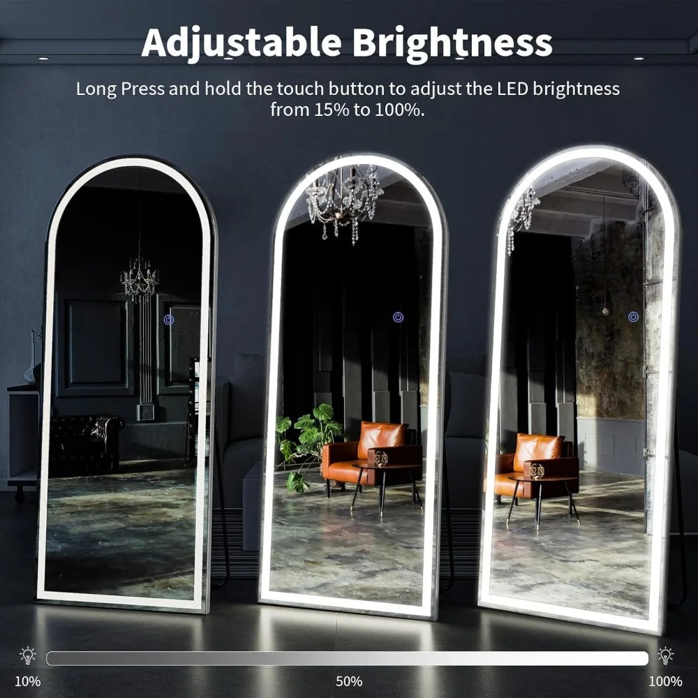 65"x26" LED Mirror Full Length, Arched Floor Body Mirror with Dimmable Lights - 3 Color Modes, Standing Leaning Wall