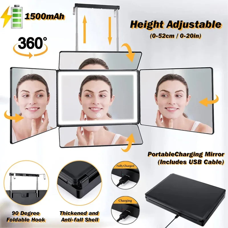 YINGHE 5 Way Mirror for Hair Cutting,Real Glass Adjustable Trifold Mirror with Light,Telescoping Hooks for Makeup and Styling