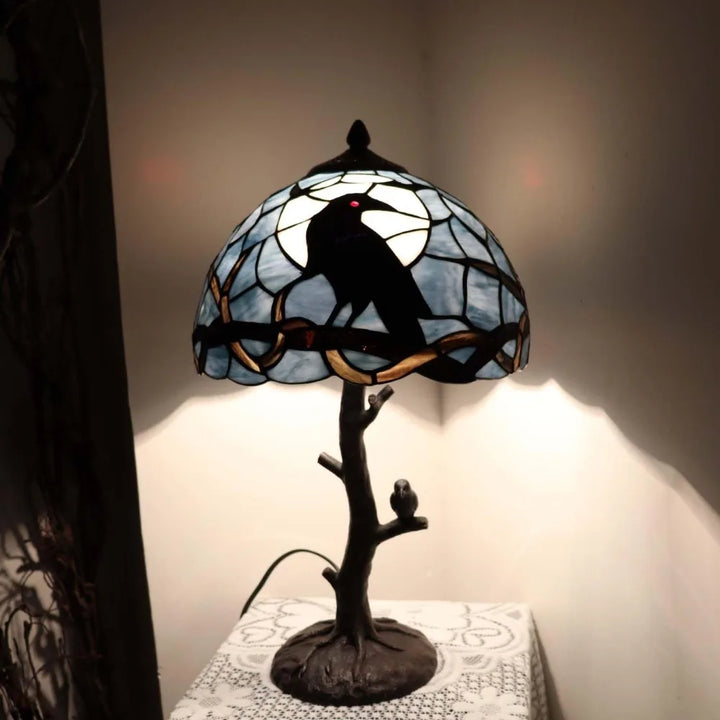 Table Lamps/ L10956 Raven Sitting on Bare Tree Branch in Full Moon Night Tiffany Style Stained Glass Table Lamp for Home Decor