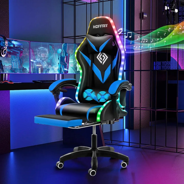 Ergonomic Gaming Chair with Massage, Bluetooth Speakers, LED Lights, and Footrest for Comfortable Video Gaming