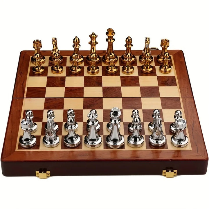 39cm Luxury Solid Wood Chess Set  Weighted Zinc Alloy Pieces, Folds for Easy Storage, Perfect Holiday Gift for Halloween Thanks
