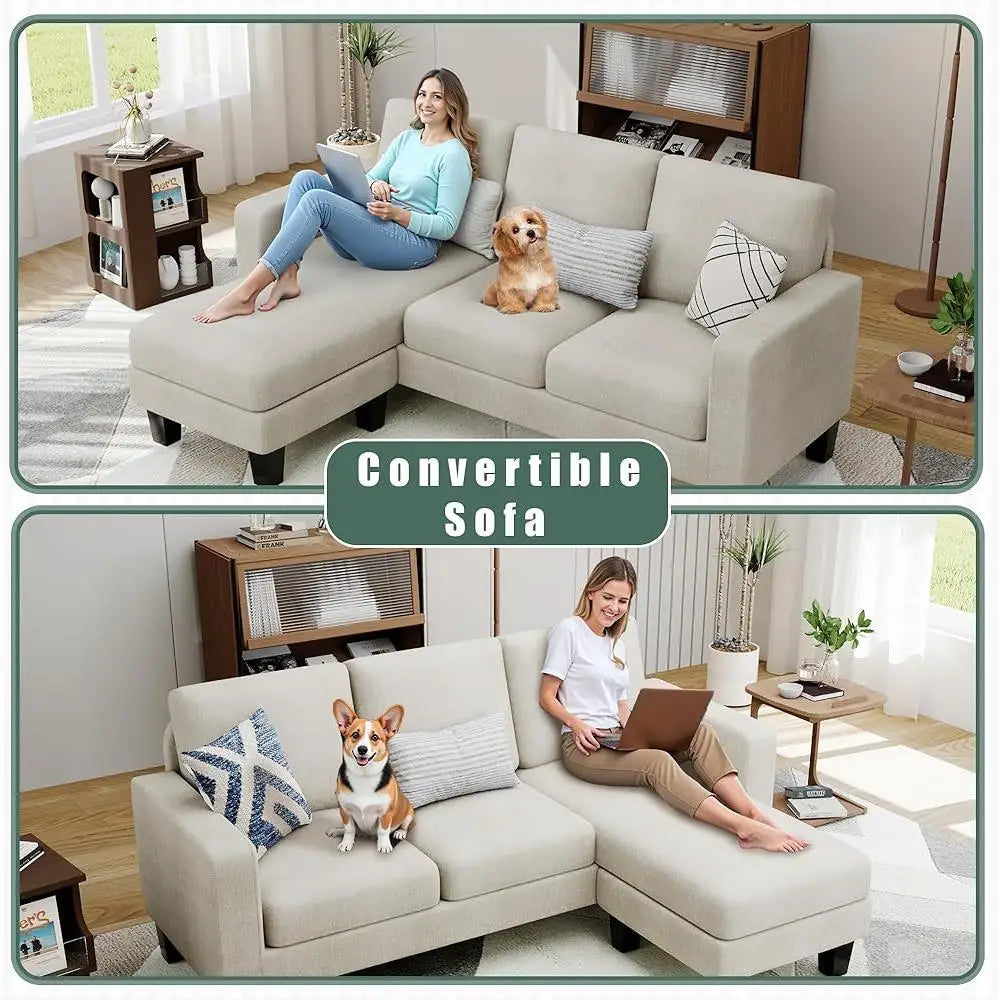 L-Shaped Sectional Sofa Convertible Small Space Couch Reversible Chaise Linen Fabric Comfortable Living Room Easy Assembly