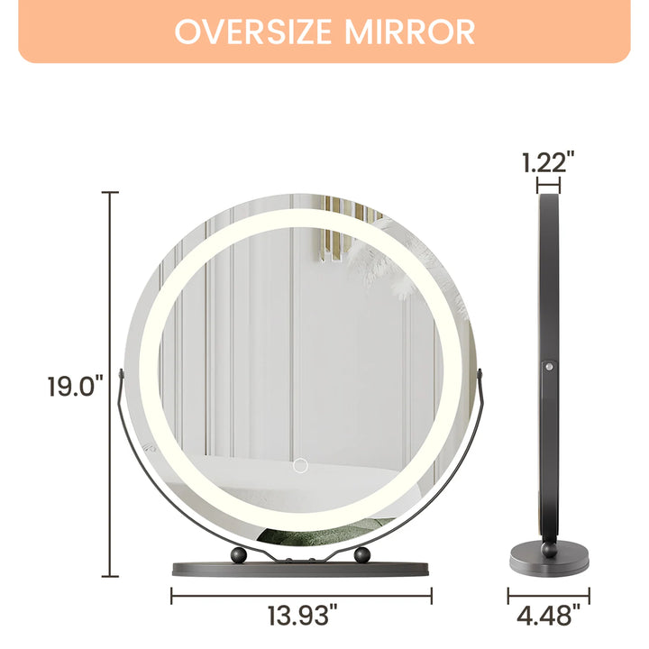 19 Inch Large Round Vanity Mirror with Lights LED Makeup Mirror Touch Control 3 Colors Lighting Dimmable for Bedroom Tabletop