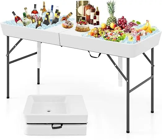 5 FT Folding Ice Cooler Table with Double Sinks and Drains, Portable Ice Table with Matching Skirt, Beverage Cooler Table, Chil